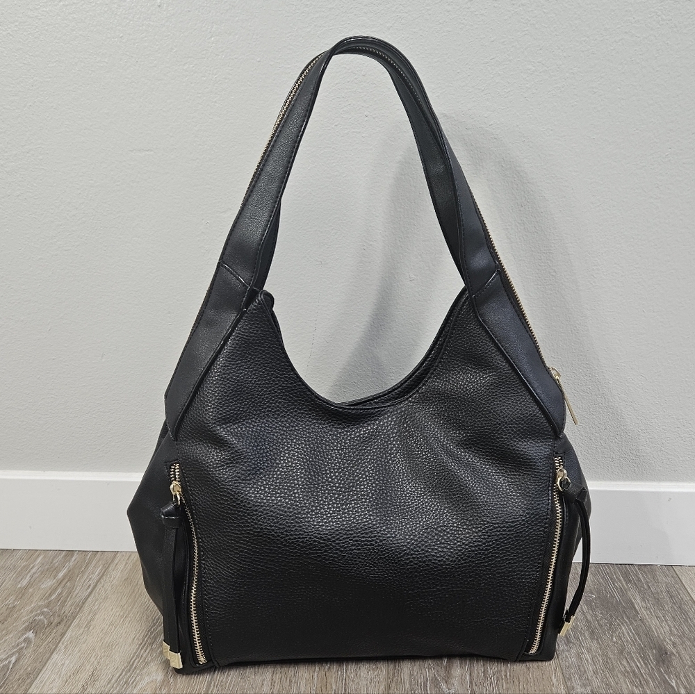 Olivia & Joy Faux Leather Multi Zipper Large Shoulder Bag Tote Black Women's